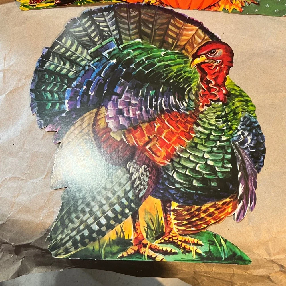 Vintage Thanksgiving Paper Cutouts 3pc Set Pilgrim Boy Girl Turkey Multi-Color